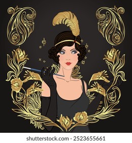 Design de modelo de convite vintage Art Deco com ilustração de menina flapper. padrões e quadros. Conjunto de fundo do partido retrô estilo dos anos 1920. Vetor para evento de glamour, show de cabaré, casamento temático