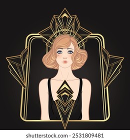 Design de modelo de convite vintage Art Deco com ilustração de menina flapper sobre padrões e quadros. Fundo do partido retrô definido no estilo 1920s. Vetor para festa de glamour.