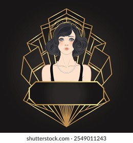 Design de modelo de convite vintage Art Deco com ilustração de menina flapper sobre padrões e quadros. Fundo do partido retrô definido no estilo 1920s. Vetor para festa de glamour.