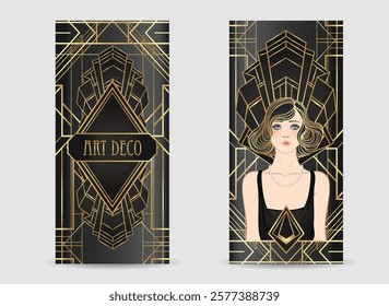 Art Deco vintage invitation template design with illustration of flapper girl over patterns and frames. Retro party background set in1920s style. Vector for glamour party.