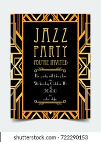 Art Deco vintage invitation template design. patterns and frames. Retro party geometric background set (1920's style). Vector illustration for glamour event, thematic wedding or jazz party.