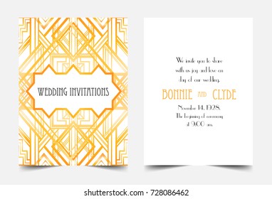 Art Deco vintage invitation template design. patterns and frames. Retro party geometric background set (1920's style). Vector illustration for glamour event, thematic wedding, jazz party. Sample text