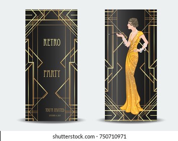 Art Deco vintage invitation template design with illustration of flapper girl. patterns and frames. Retro party background set (1920's style). Vector for glamour event, thematic wedding or jazz party.