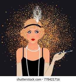 Art Deco vintage invitation template design with illustration of flapper girl. patterns and frames. Retro party background set (1920's style). Vector for glamour event, thematic wedding or jazz party.