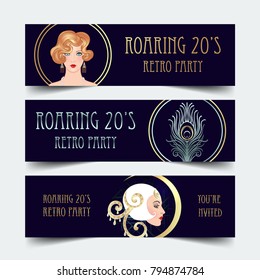 Art Deco vintage invitation template design with illustration of flapper girl. patterns and frames. Retro party background set (1920's style). Vector for glamour event, thematic wedding or jazz party.