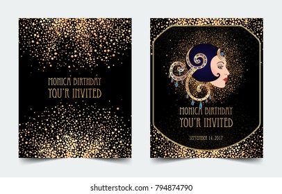 Art Deco vintage invitation template design with illustration of flapper girl. patterns and frames. Retro party background set (1920's style). Vector for glamour event, thematic wedding or jazz party.