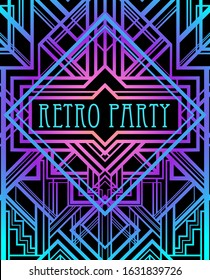 Art Deco vintage pattern in bright neon colors. Retro party geometric background (1920's style). Vector illustration for glamour party, thematic wedding or textile prints.