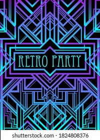 Art Deco vintage pattern in bright neon colors. Retro party geometric background (1920's style). Vector illustration for glamour party, thematic wedding or textile prints.
