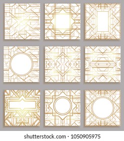 Art Deco vintage patterns and design elements. Retro party geometric background set (1920's style). Vector illustration for glamour party, thematic wedding or textile prints in trendy rose gold metal.