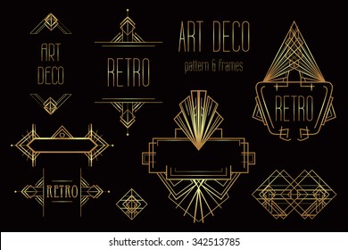 Art Deco vintage patterns and design elements. Retro party geometric background set (1920's style). Vector illustration for glamour party, thematic wedding or textile prints.