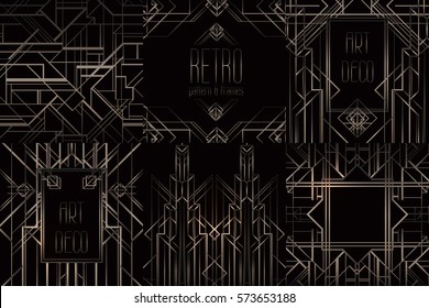 Art Deco vintage patterns and design elements. Retro party geometric background set (1920's style). Vector illustration for glamour party, thematic wedding or textile prints. 