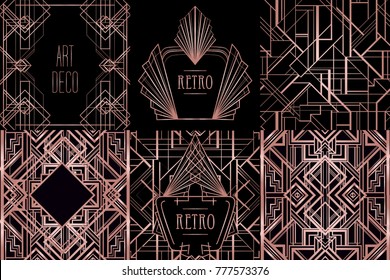 Art Deco vintage patterns and design elements. Retro party geometric background set (1920's style). Vector illustration for glamour party, thematic wedding or textile prints in trendy rose gold metal.