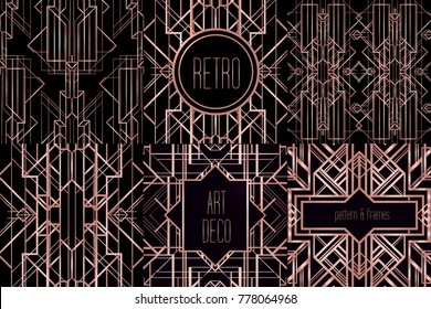 Art Deco vintage patterns and design elements. Retro party geometric background set (1920's style). Vector illustration for glamour party, thematic wedding or textile prints in trendy rose gold metal.