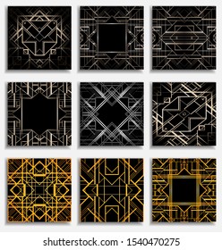 Modalidades y cuadros de época Art Déco. Fondo geométrico retro (estilo años 20). Ilustración vectorial para glamour fiesta, boda temática o impresiones textiles.