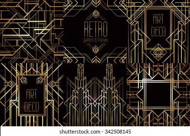 Art Deco vintage patterns and frames. Retro party geometric background set (1920's style). Vector illustration for glamour party, thematic wedding or textile prints.