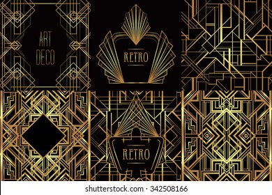 Art Deco vintage patterns and frames. Retro party geometric background set (1920's style). Vector illustration for glamour party, thematic wedding or textile prints.