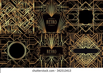 Art Deco vintage patterns and frames. Retro party geometric background set (1920's style). Vector illustration for glamour party, thematic wedding or textile prints.