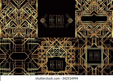 Art Deco vintage patterns and frames. Retro party geometric background set (1920's style). Vector illustration for glamour party, thematic wedding or textile prints.