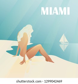 Art deco vintage poster. The girl is sitting on the beach. The inscription