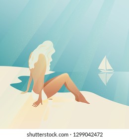 Art deco vintage poster. The girl is sitting on the beach