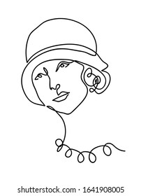 Art Deco, Vintage, Retro-Porträt, Kopf, Gesicht in Hut.  Vektorillustration minimalistisch eine durchgehende Linienzeichnung. Einfache Art Deco Vektorillustration Illustration, Porträt.