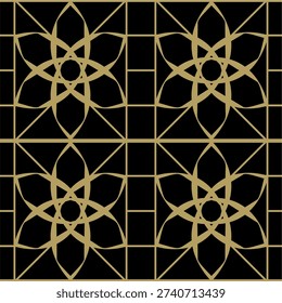 art deco vintage seamless pattern. retro geometric design Traditional Islamic pattern in gold. Arabic gold frame, mosque arch isolated on black background. Muslim architectural design elements, silhouette of Moroccan border or gate. Ramadan Kareem. eps 10