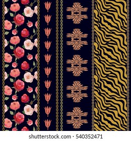 Art deco vintage silk wallpaper with ethnic motifs and bohemian elements. Zebra print, lotus borders, rose pattern. Abstract seamless vector. Ethnic collection. Silver, golden shadows on dark blue. 