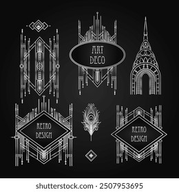 Art Deco vintage silver design element over black. Retro party geometric background set 1920s style. Vector illustration for glamour party, thematic wedding