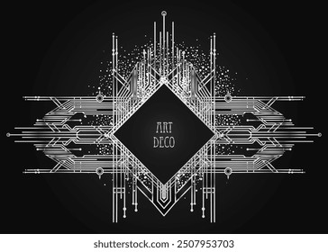 Art Deco vintage silver design element over black. Retro party geometric background set 1920s style. Vector illustration for glamour party, thematic wedding