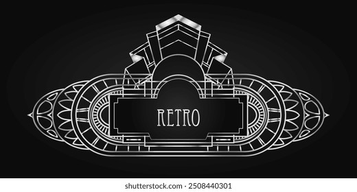 Art Deco vintage elemento de design de prata sobre preto. Conjunto de fundo geométrico do partido retrô estilo dos anos 1920. Ilustração vetorial para festa de glamour, casamento temático