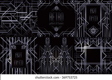 Art Deco vintage silver patterns and frames over black. Retro party geometric background set (1920's style). Vector illustration for glamour party, thematic wedding or textile prints.