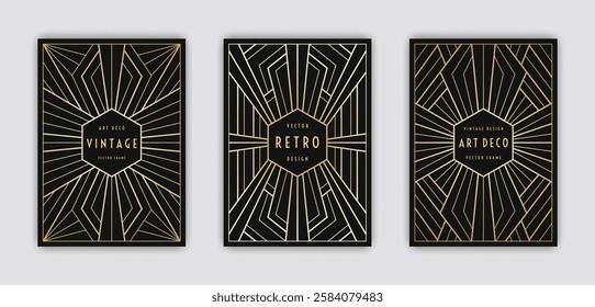 Art Deco vintage style frame set. Retro geometric outline decorations on the dark background. Black cards geometry design.EPS 10 vector illustration.