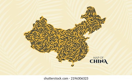 Art Deco Vintage Style Map of China in Tiger Pattern perfect for Logo, Poster, Postcard, and Stamp.