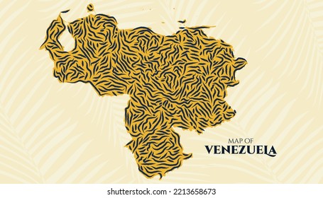 Art Deco Vintage Style Map Of Venezuela Tiger Pattern Perfect For Logo, Poster, Postcard, And Stamp.