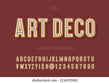 Art deco vintage typography. Alphabet modern. Retro font sans serif style for party poster, printing on fabric, t shirt, promotion, decoration, stamp, label. Cool bold 3d typeface. Vector 10 eps