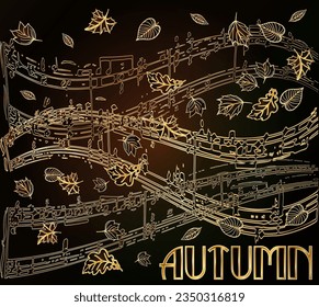 Tarjeta vip Art deco con hojas de otoño y notas musicales, ilustración vectorial