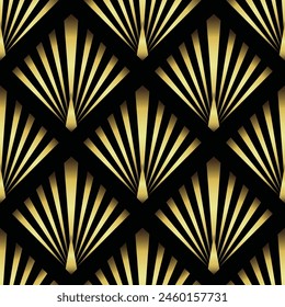 Fondo de pantalla Art Decó. Patrón negro y dorado sin costuras en estilo rugiente de los años veinte. Fondo art deco para el diseño de interiores. Efecto 3D de fondo de textura metálica. Pavo real art deco type