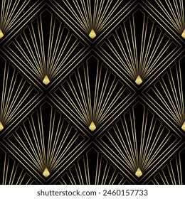 Art Deco Wallpaper. Black and gold seamless pattern in roaring twenties style. Line art deco background for interior design. 3D effect of metallic texture background. Peacock art deco type