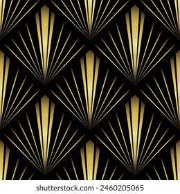 Art Deco Wallpaper. Black and gold seamless pattern in roaring twenties style. Line art deco background for interior design. 3D effect of metallic texture background. Peacock art deco type