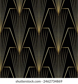 Art Deco Wallpaper. Black and gold seamless pattern in roaring twenties style. Line art deco background for interior design. 3D effect of metallic texture background. Peacock art deco type