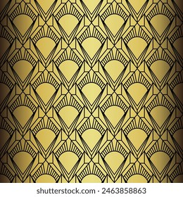 Art Deco Wallpaper. Black and gold seamless pattern in roaring twenties style. Line art deco background for interior design. Peacock art deco type