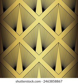 Art Deco Wallpaper. Black and gold seamless pattern in roaring twenties style. Line art deco background for interior design. Peacock art deco type
