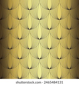 Art Deco Wallpaper. Black and gold seamless pattern in roaring twenties style. Line art deco background for interior design. Elegant art deco type