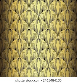 Art Deco Wallpaper. Black and gold seamless pattern in roaring twenties style. Line art deco background for interior design. Elegant art deco type