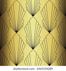Art Deco Wallpaper. Black and gold seamless pattern in roaring twenties style. Line art deco background for interior design. Elegant art deco type
