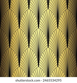 Art Deco Wallpaper. Black and gold seamless pattern in roaring twenties style. Line art deco background for interior design. Elegant art deco type