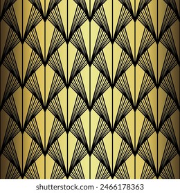 Art Deco Wallpaper. Black and gold seamless pattern in roaring twenties style. Line art deco background for interior design. Elegant art deco type