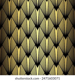 Art Deco Wallpaper. Black and gold seamless pattern in roaring twenties style. Line art deco background for interior design. Elegant art deco type