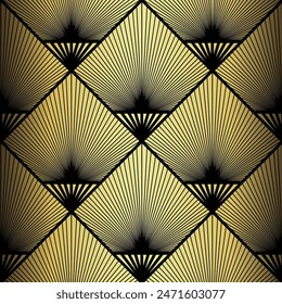 Art Deco Wallpaper. Black and gold seamless pattern in roaring twenties style. Line art deco background for interior design. Elegant art deco type