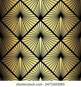 Art Deco Wallpaper. Black and gold seamless pattern in roaring twenties style. Line art deco background for interior design. Elegant art deco type